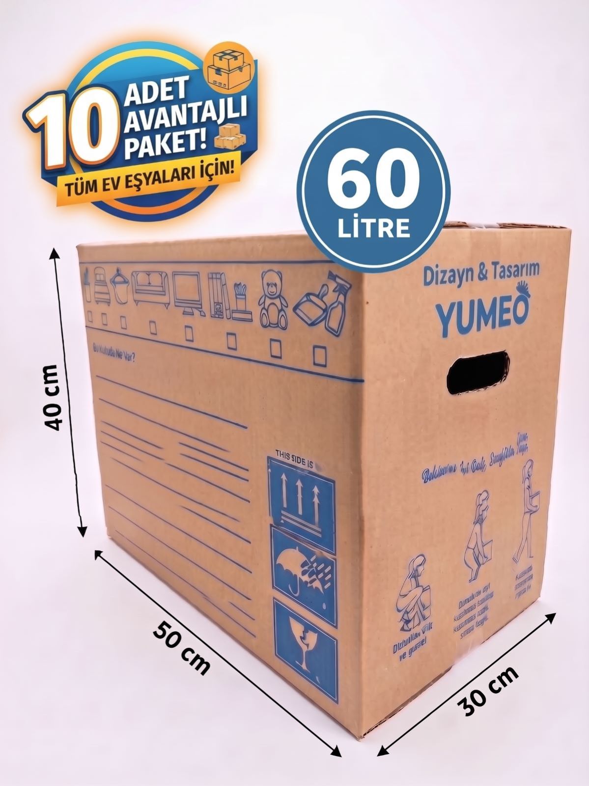 Yumeo Duncan Premium Ev Taşıma Kolisi 10 Adet 50x30x40cm-Tutma Yerli Çift Oluklu Kraft Sağlam Kutu 60 Lt görseli 1