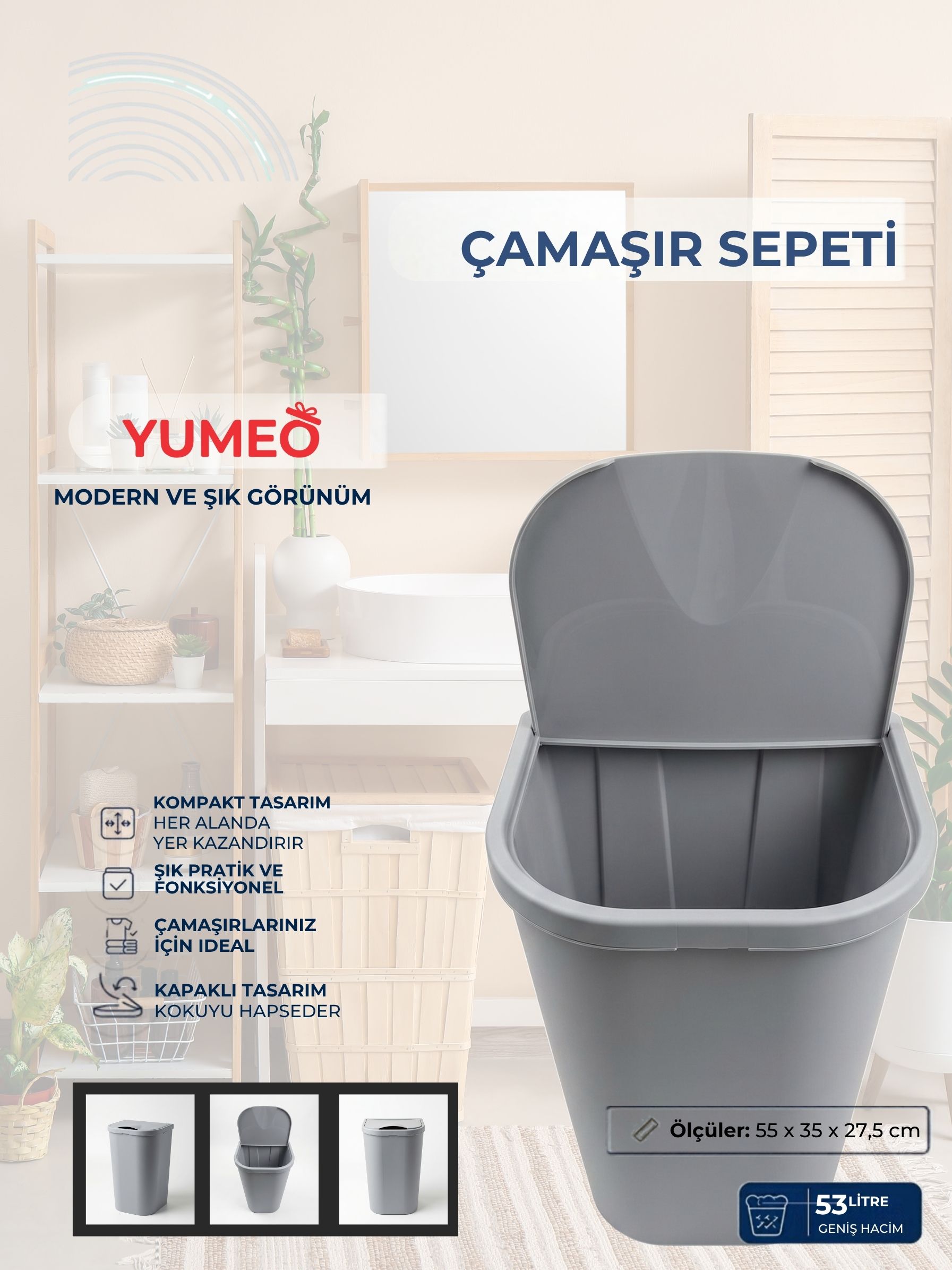 Yumeo 53 Litre Büyük Boy Kapaklı Çamaşır Sepeti Dar Alan Uyumlu Banyo Kirli Sepeti görseli 2