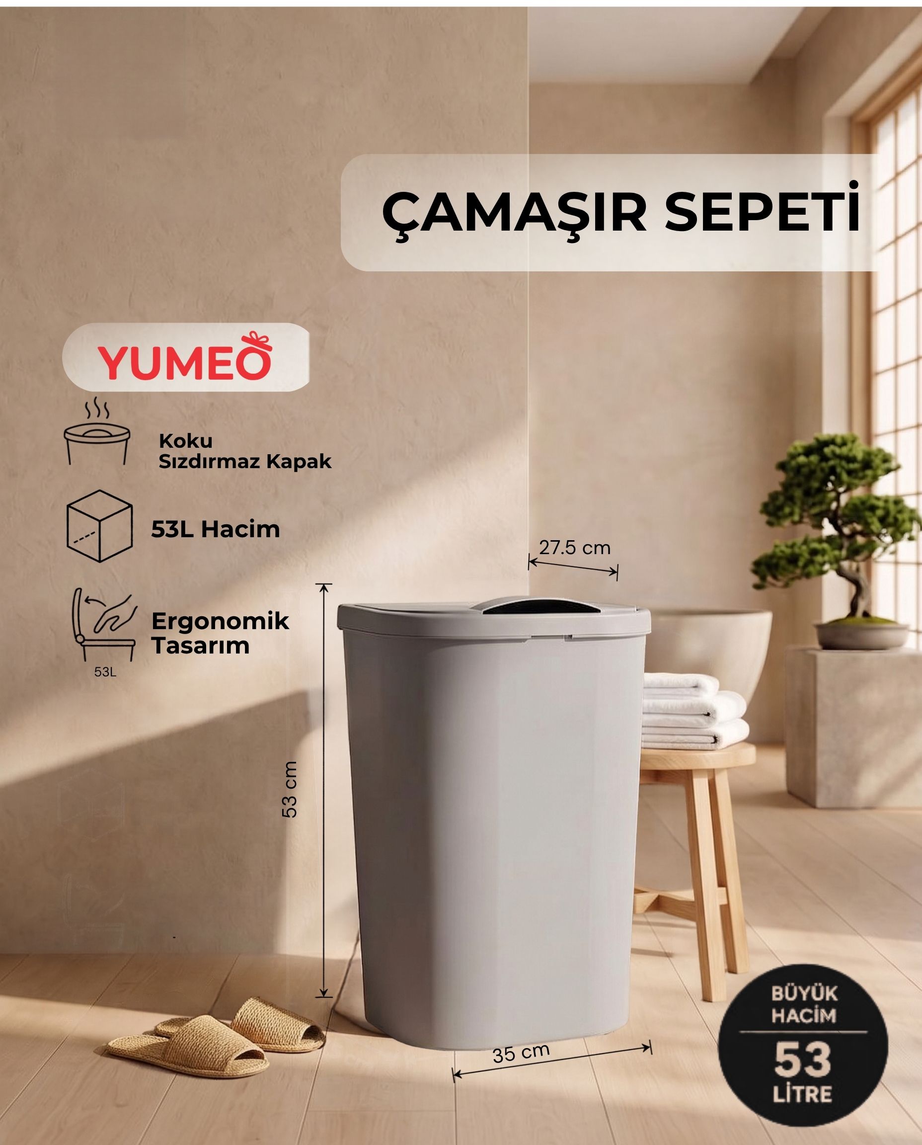 Yumeo 53 Litre Büyük Boy Kapaklı Çamaşır Sepeti Dar Alan Uyumlu Banyo Kirli Sepeti görseli 1