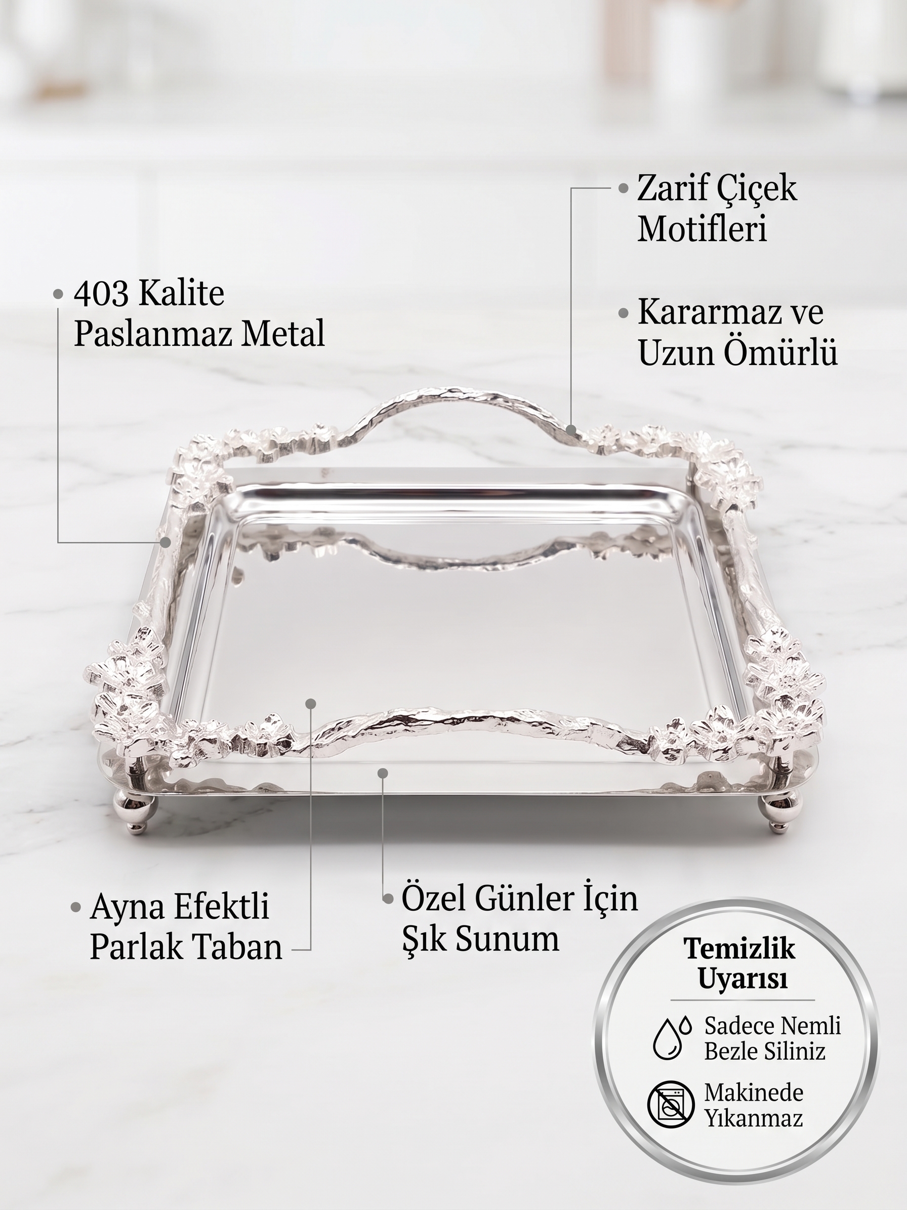 Yumeo Sora Kare Aynalı Söz Nişan ve Kız İsteme Tepsisi-Gümüş Renk Çiçek Motifli Sunum Tepsisi görseli 2