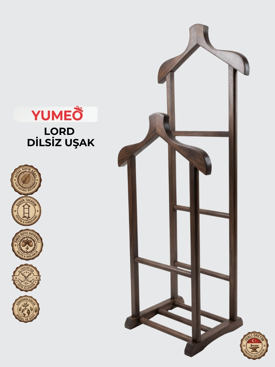 Yumeo Lord Çift Tepeli Özel İşçilik Kayın Ahşap Dilsiz Uşak-Ceviz Renk Yüzüklük Bölmeli Ofis Yatak Odası Çeyizlik Askı görseli 2