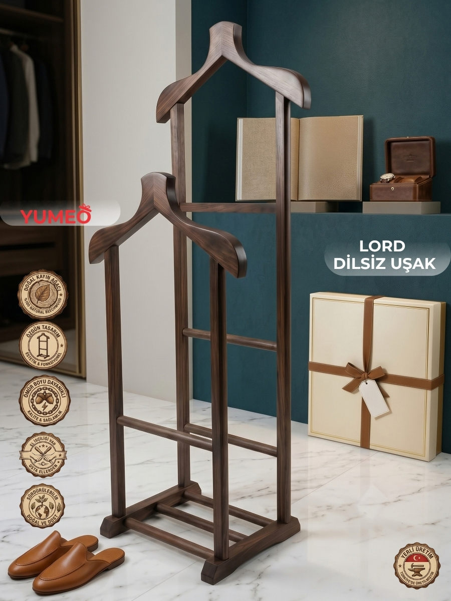 Yumeo Lord Çift Tepeli Özel İşçilik Kayın Ahşap Dilsiz Uşak-Ceviz Renk Yüzüklük Bölmeli Ofis Yatak Odası Çeyizlik Askı görseli 3