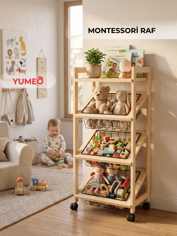 Yumeo Montessori Ahşap Oyuncak Düzenleyici Raf-4 Katlı Tekerlekli Çocuk Odası Organizeri ve Oyuncak Sepeti Metal Sepet görseli 1