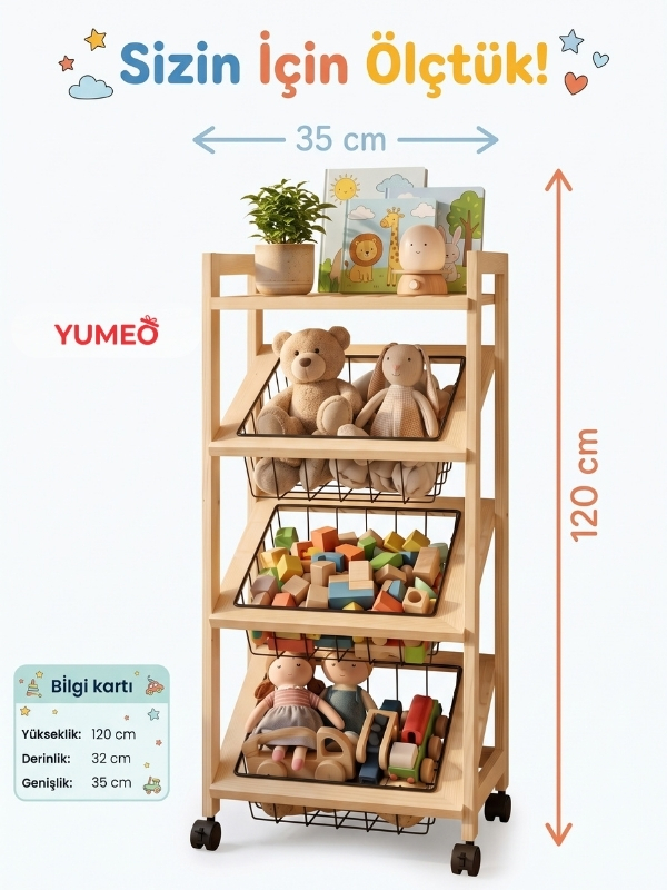 Yumeo Montessori Ahşap Oyuncak Düzenleyici Raf-4 Katlı Tekerlekli Çocuk Odası Organizeri ve Oyuncak Sepeti Metal Sepet görseli 2