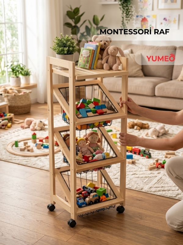 Yumeo Montessori Ahşap Oyuncak Düzenleyici Raf-4 Katlı Tekerlekli Çocuk Odası Organizeri ve Oyuncak Sepeti Metal Sepet görseli 3