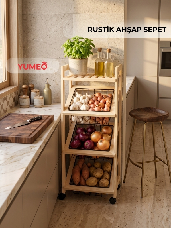 Yumeo Rustik Ahşap Mutfak Standı-4 Katlı Siyah Tel Sepetli, Tekerlekli Çok Amaçlı Düzenleyici görseli 1