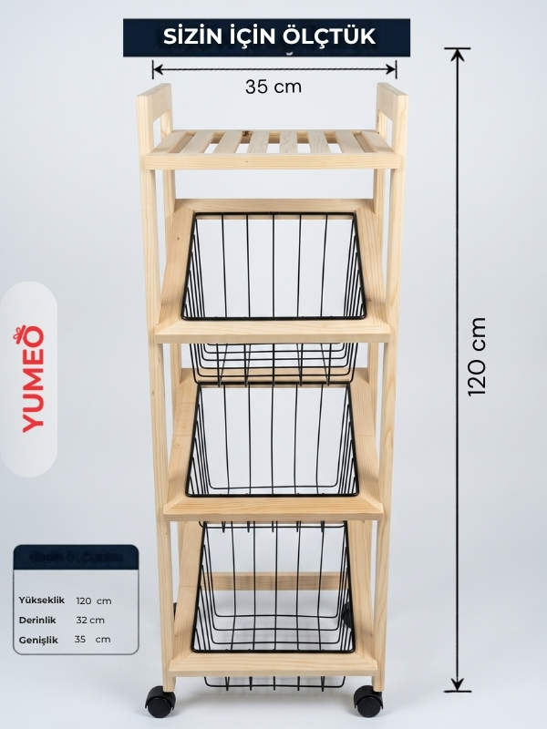Yumeo Rustik Ahşap Mutfak Standı-4 Katlı Siyah Tel Sepetli, Tekerlekli Çok Amaçlı Düzenleyici görseli 3