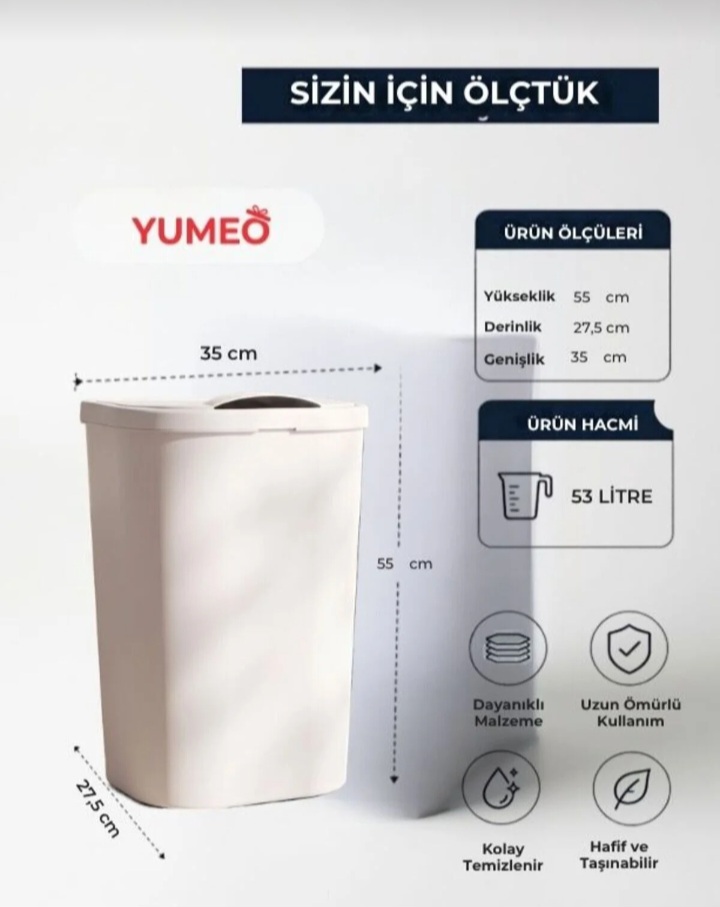 Yumeo Slim 53 Litre Kapaklı Çamaşır Sepeti Dar Alanlara Uygun Plastik Kirli Sepeti Beyaz görseli 2