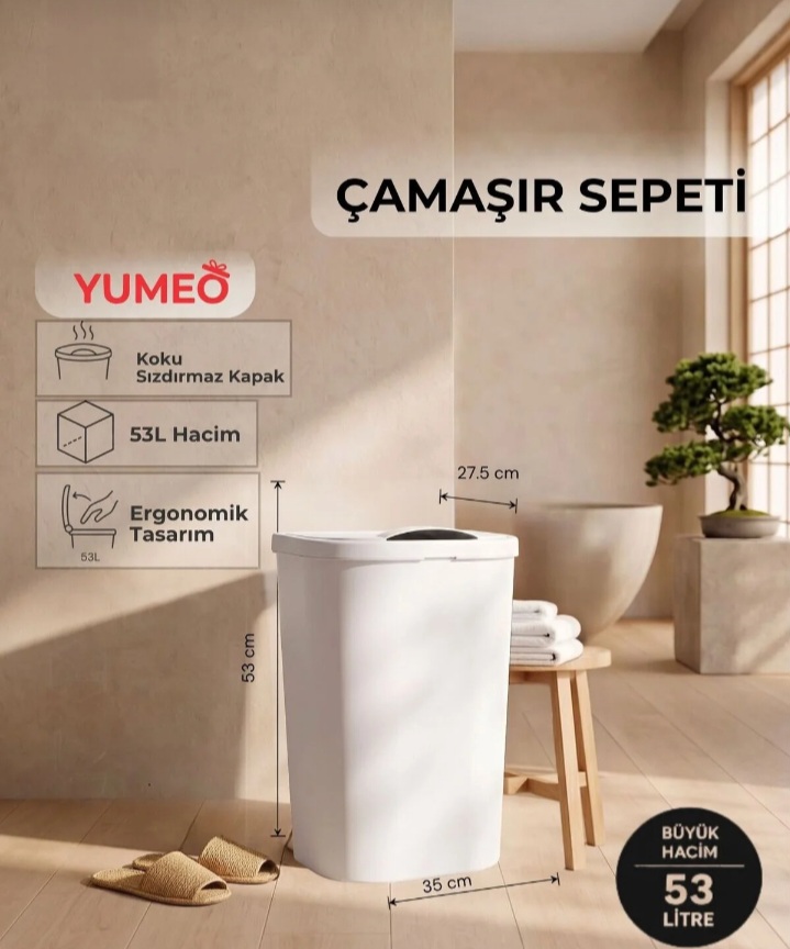 Yumeo Slim 53 Litre Kapaklı Çamaşır Sepeti Dar Alanlara Uygun Plastik Kirli Sepeti Beyaz görseli 1