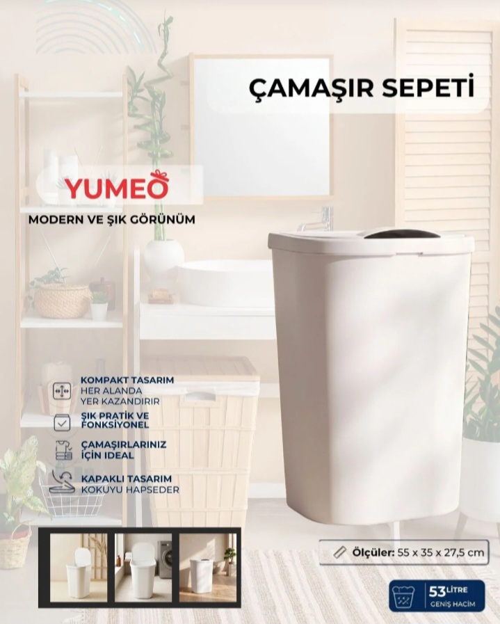 Yumeo Slim 53 Litre Kapaklı Çamaşır Sepeti Dar Alanlara Uygun Plastik Kirli Sepeti Beyaz görseli 3
