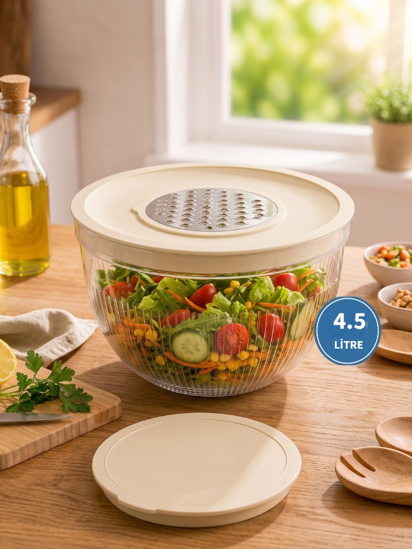 Yumeo Rendeli Lüks Mikser Kabı-Çok Amaçlı Ergonomik Kapaklı Kase-Mutfak Hazırlık Seti Saklama Salata Kasesi 4,5L görseli 1