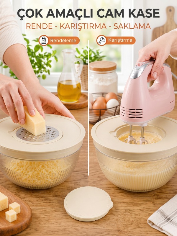 Yumeo Rendeli Lüks Mikser Kabı-Çok Amaçlı Ergonomik Kapaklı Kase-Mutfak Hazırlık Seti Saklama Salata Kasesi 4,5L görseli 2