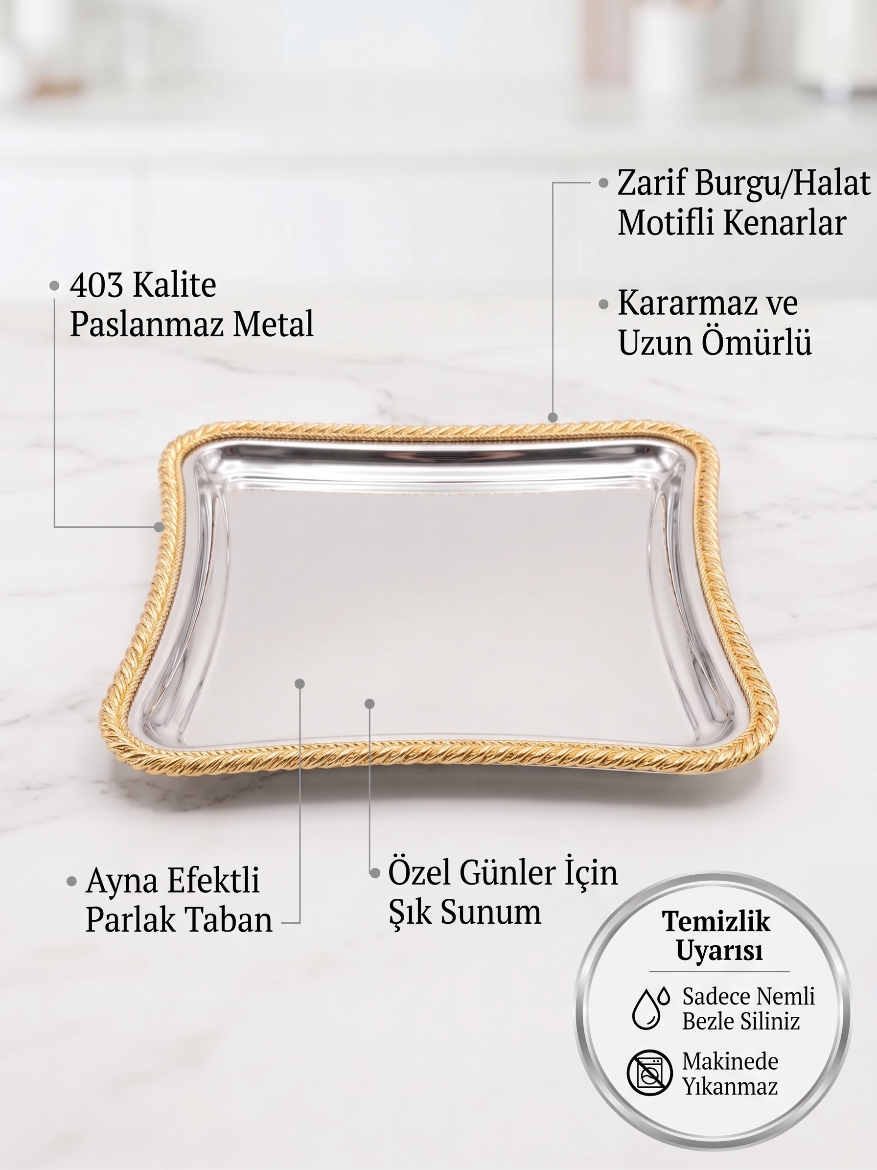 Yumeo Mina Söz Nişan ve Kahve Sunum Tepsisi Gold İtalyan Burgu Çerçeveli Ayna Tabanlı Çeyizlik Tepsi görseli 3