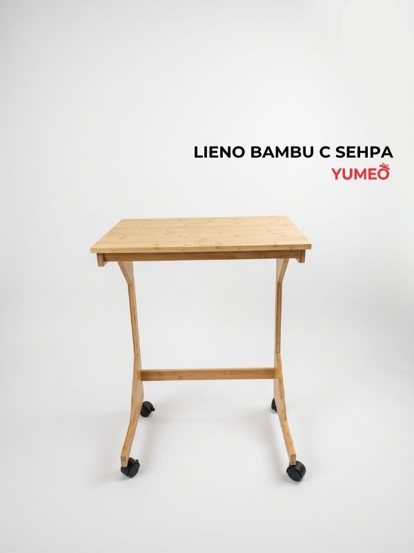 Yumeo Lieno Doğal Bambu Tekerlekli C Sehpa-Demonte Koltuk Yanı Laptop ve Servis Sehpası görseli 2