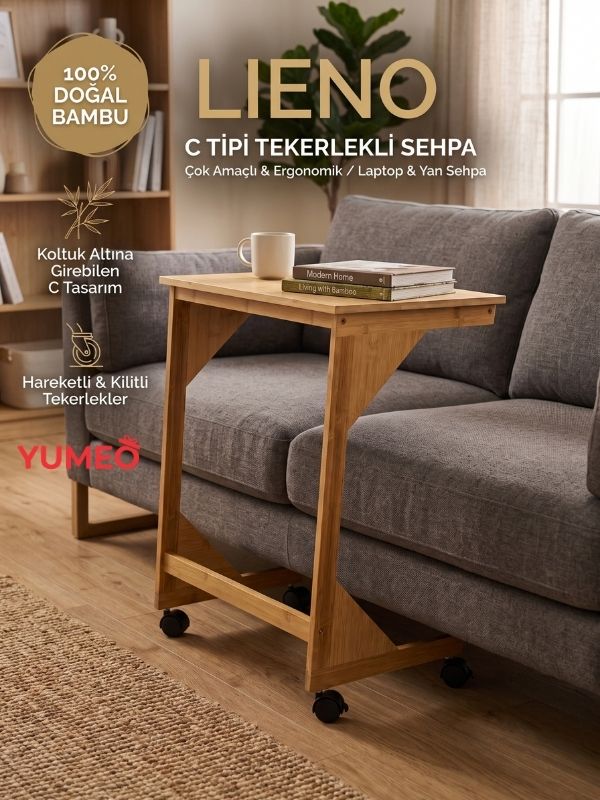 Yumeo Lieno Doğal Bambu Tekerlekli C Sehpa-Demonte Koltuk Yanı Laptop ve Servis Sehpası görseli 4